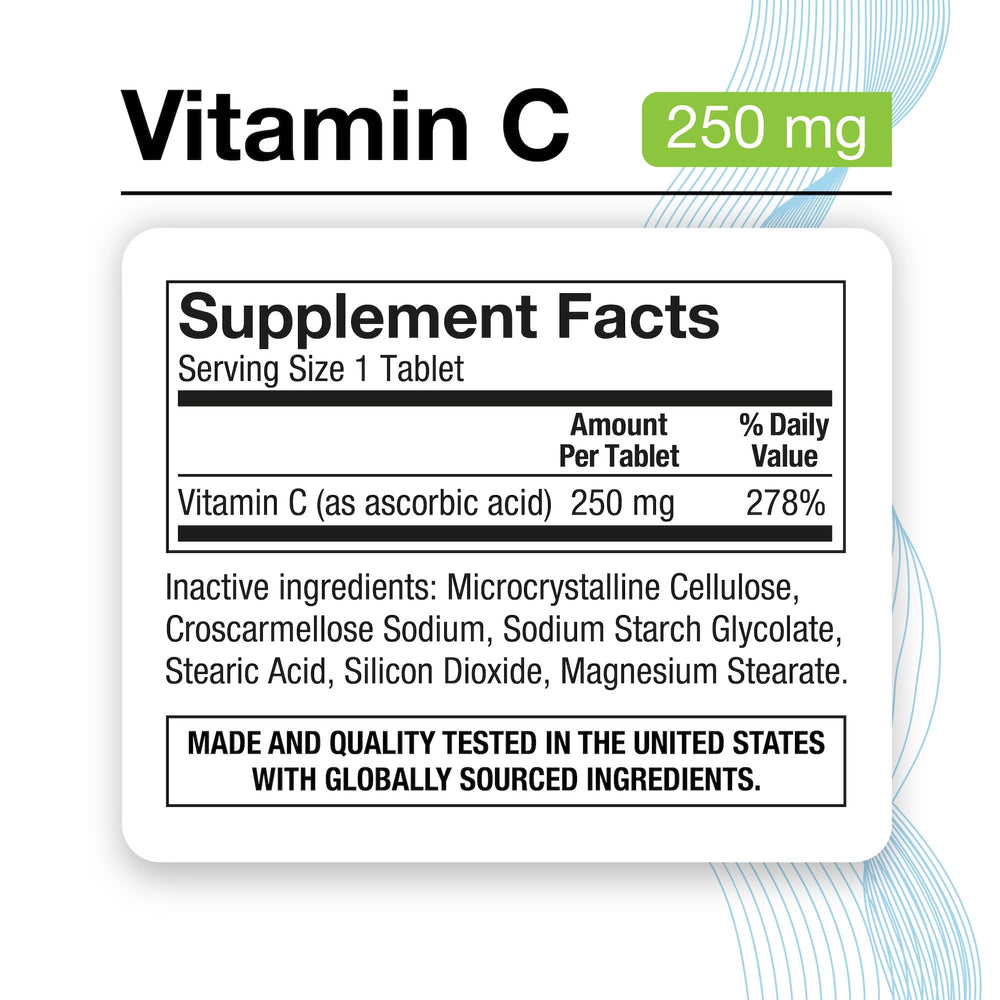Puregen Labs Vitamin C 250mg label close-up highlighting non-GMO and gluten-free formula