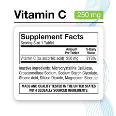 Puregen Labs Vitamin C 250mg label close-up highlighting non-GMO and gluten-free formula