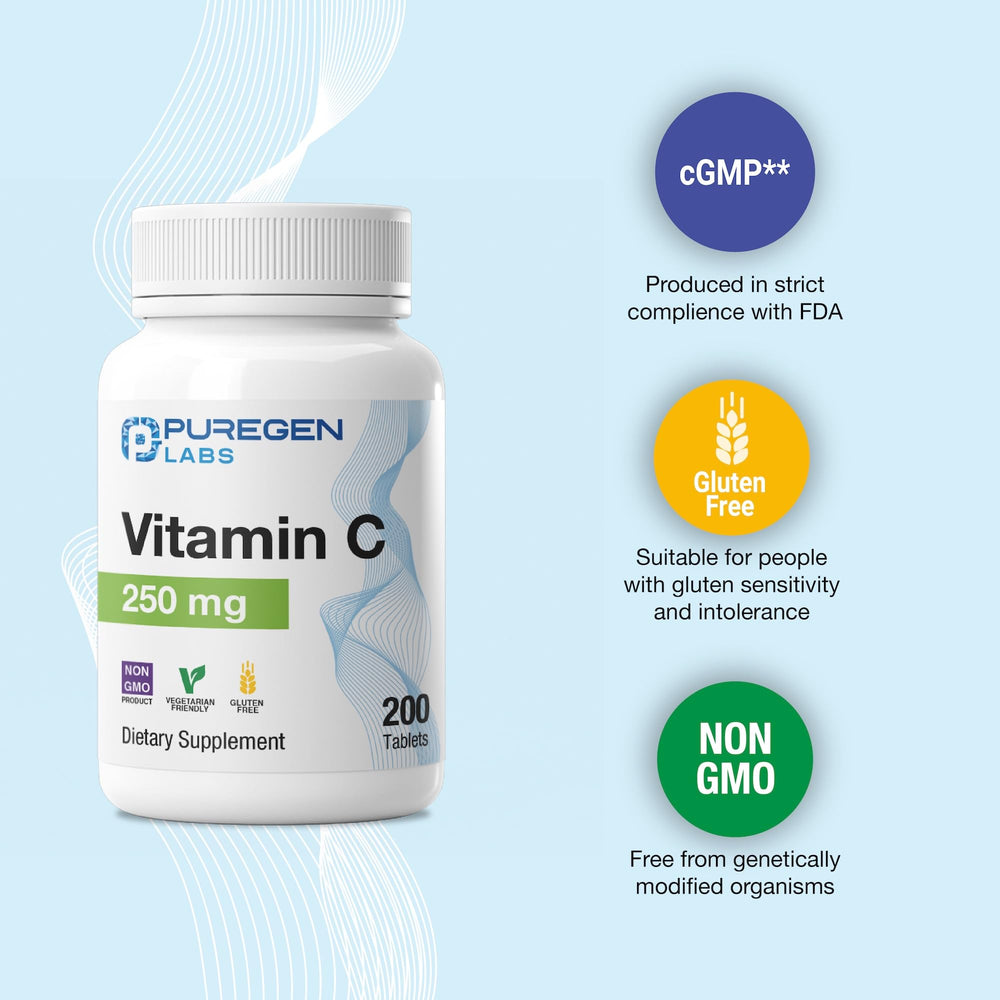 Puregen Labs Vitamin C 250mg bottle in active lifestyle scene offering antioxidant support