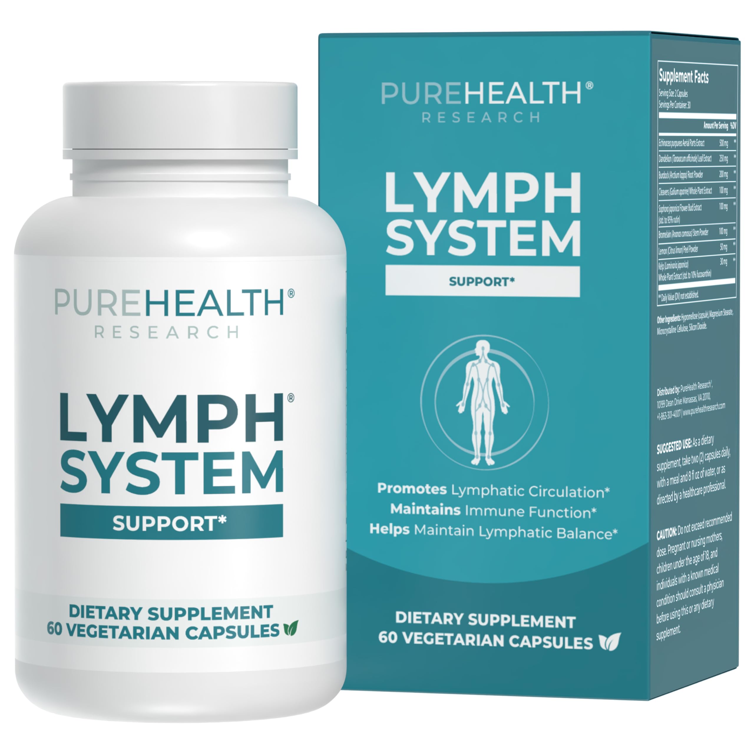 PUREHEALTH RESEARCH Lymph System bottle showing a complete daily lymph support supplement.