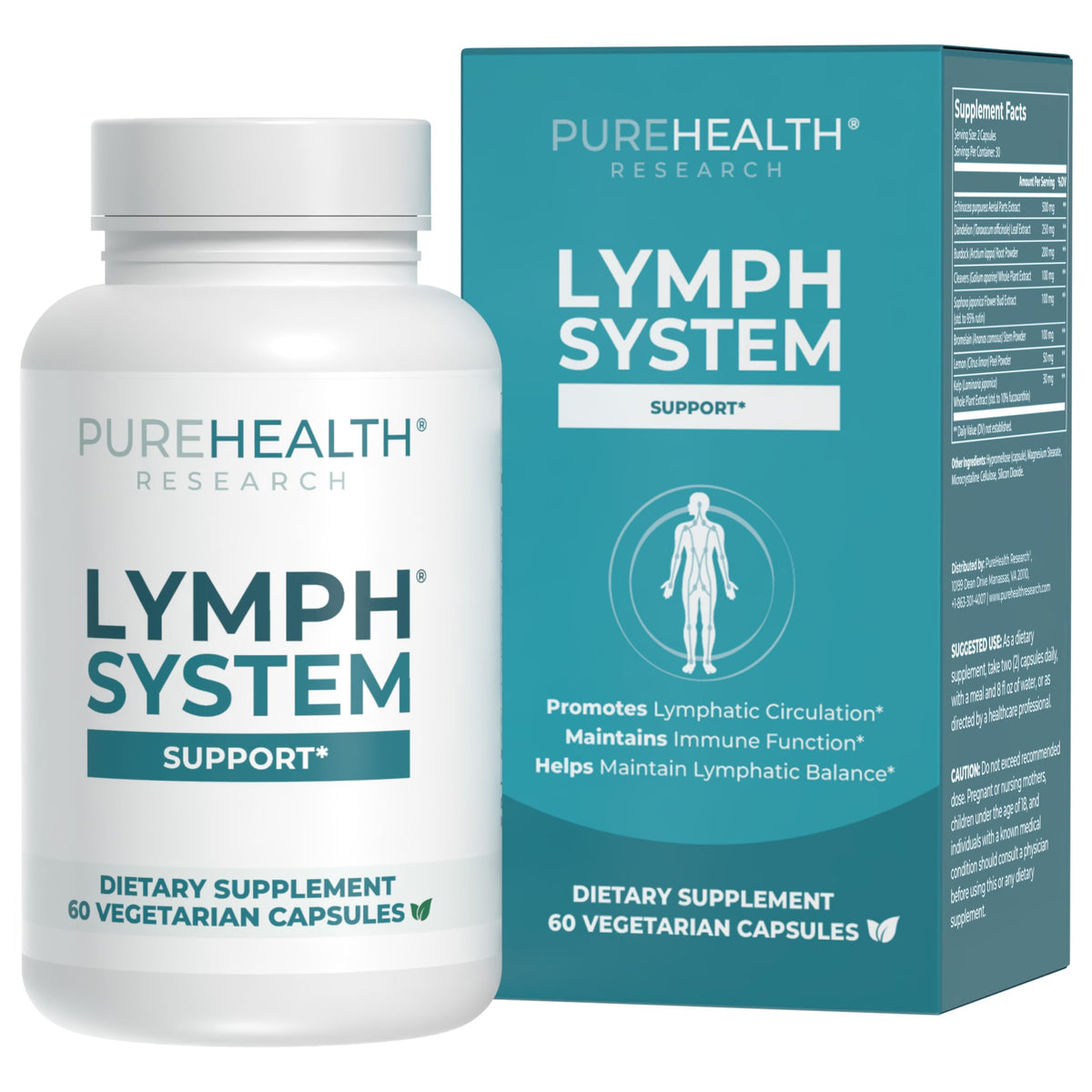 PUREHEALTH RESEARCH Lymph System bottle showing a complete daily lymph support supplement.