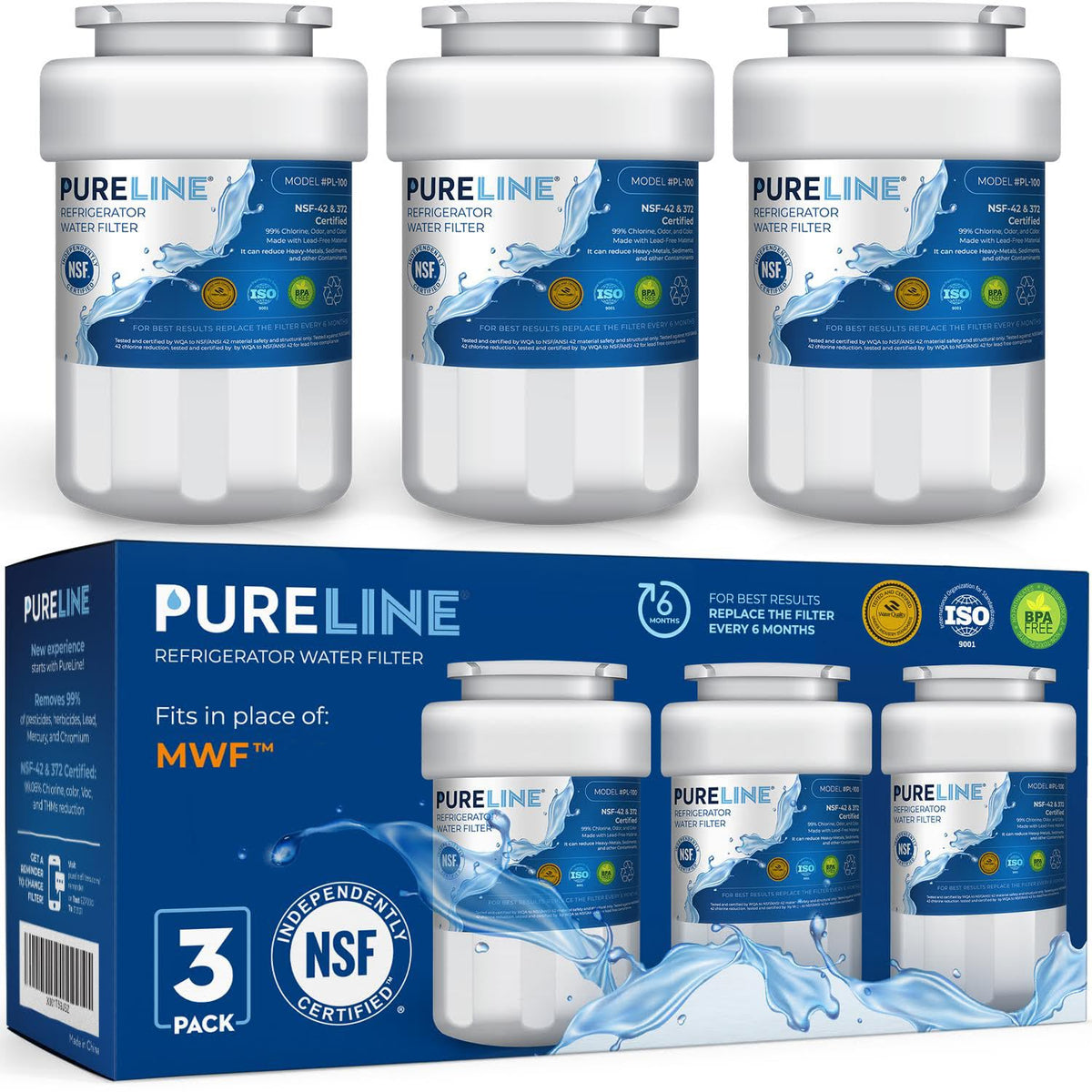 Pureline MWF replacement pack shot showing easy fridge compatibility and cleaner-tasting water