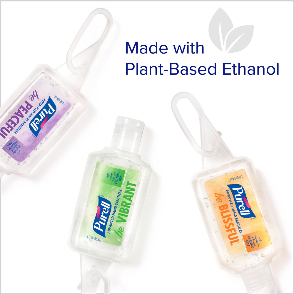 Purell 1oz travel bottles clipped to bag for everyday convenience.