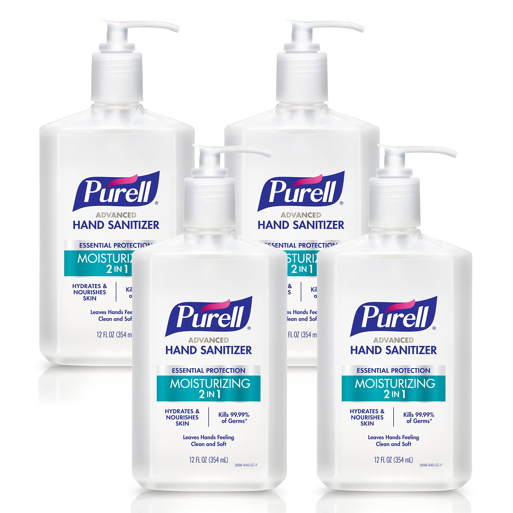 Purell 2in1 moisturizing advanced hand sanitizer gel pump bottle on desk for quick germ protection