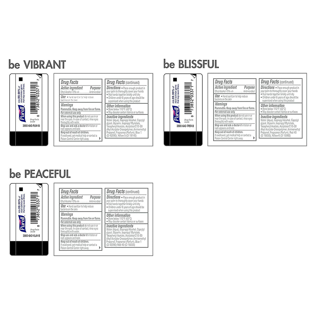 Lavender label closeup on Purell Advanced Hand Sanitizer bottle