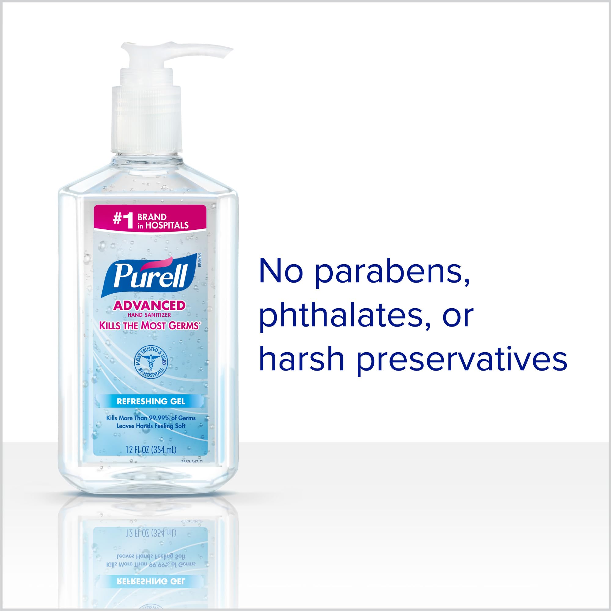 Purell Advanced Hand Sanitizer with mild formula and moisturizers keeps hands soft.