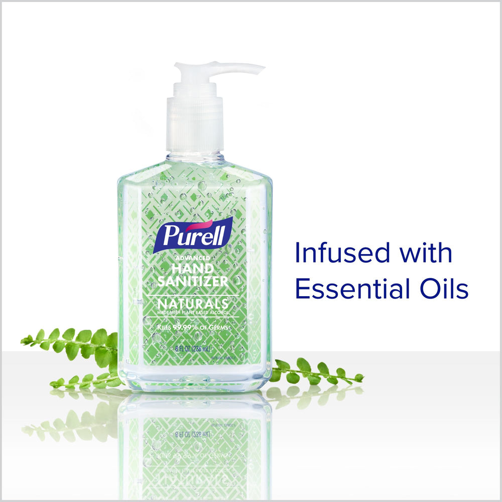 Purell Naturals bottle detail shows plant-based ethanol ingredients.