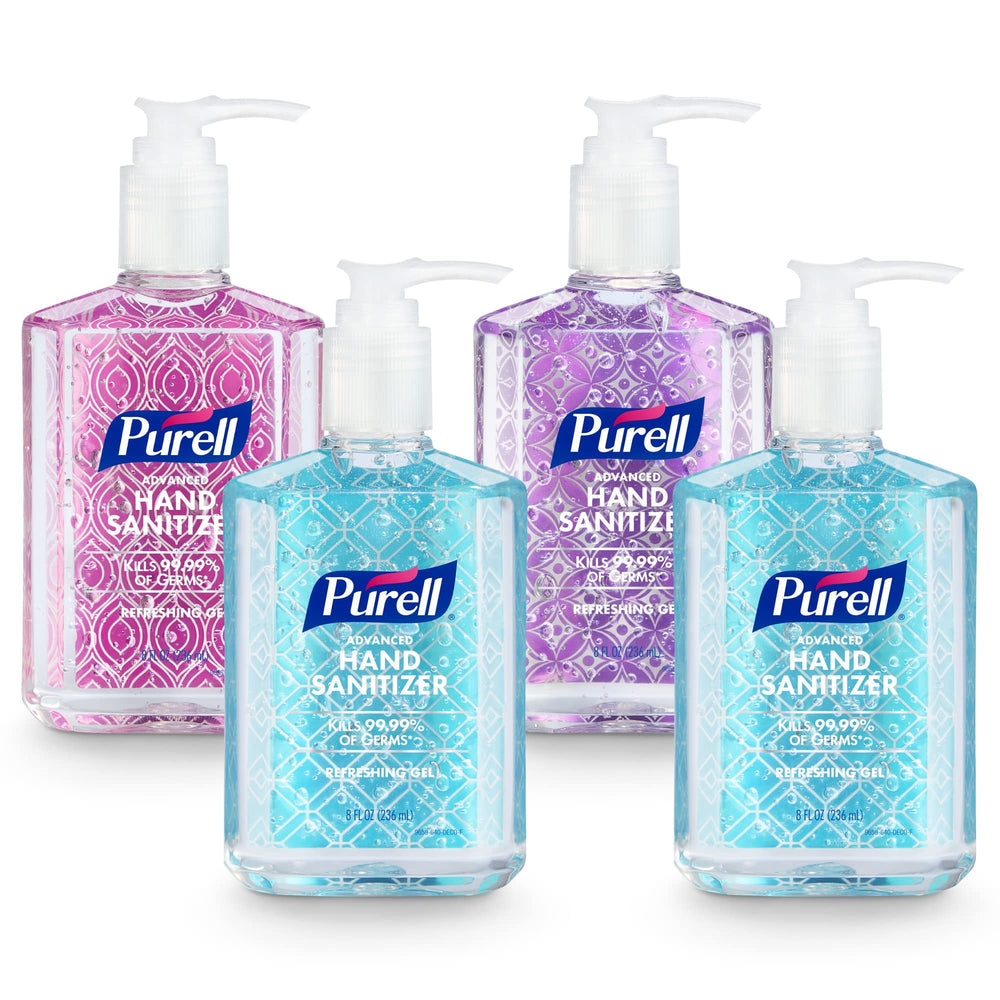 Purell Advanced Hand Sanitizer Refreshing Gel design series bottle on desk.