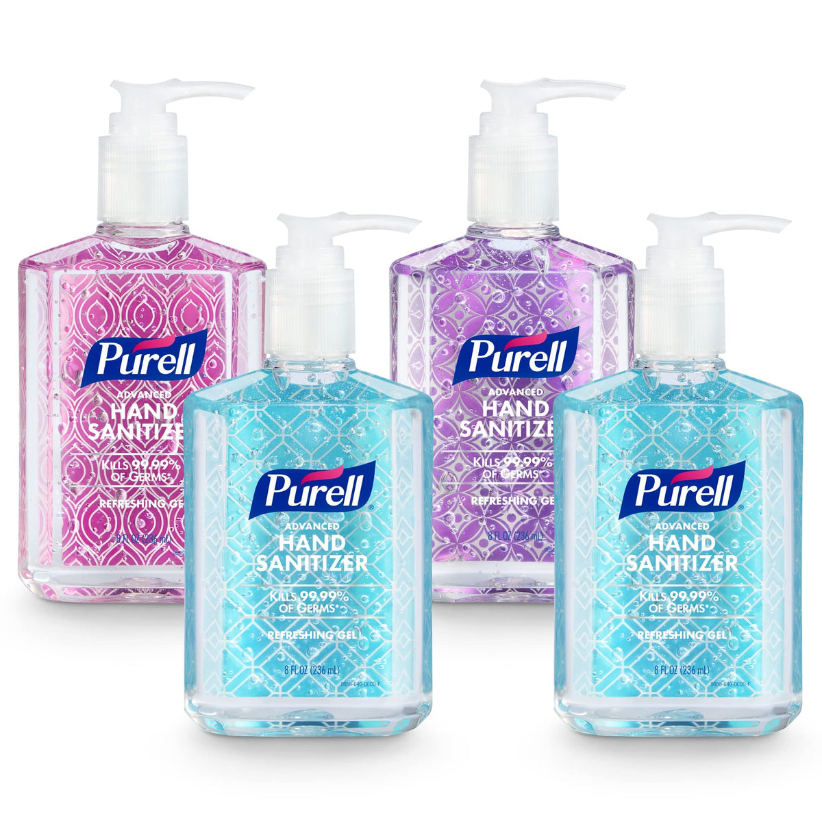 Purell Advanced Hand Sanitizer Refreshing Gel design series bottle on desk.
