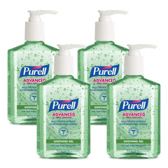 PURELL Advanced Hand Sanitizer Soothing Gel bottle; aloe moisturizes skin while killing germs.