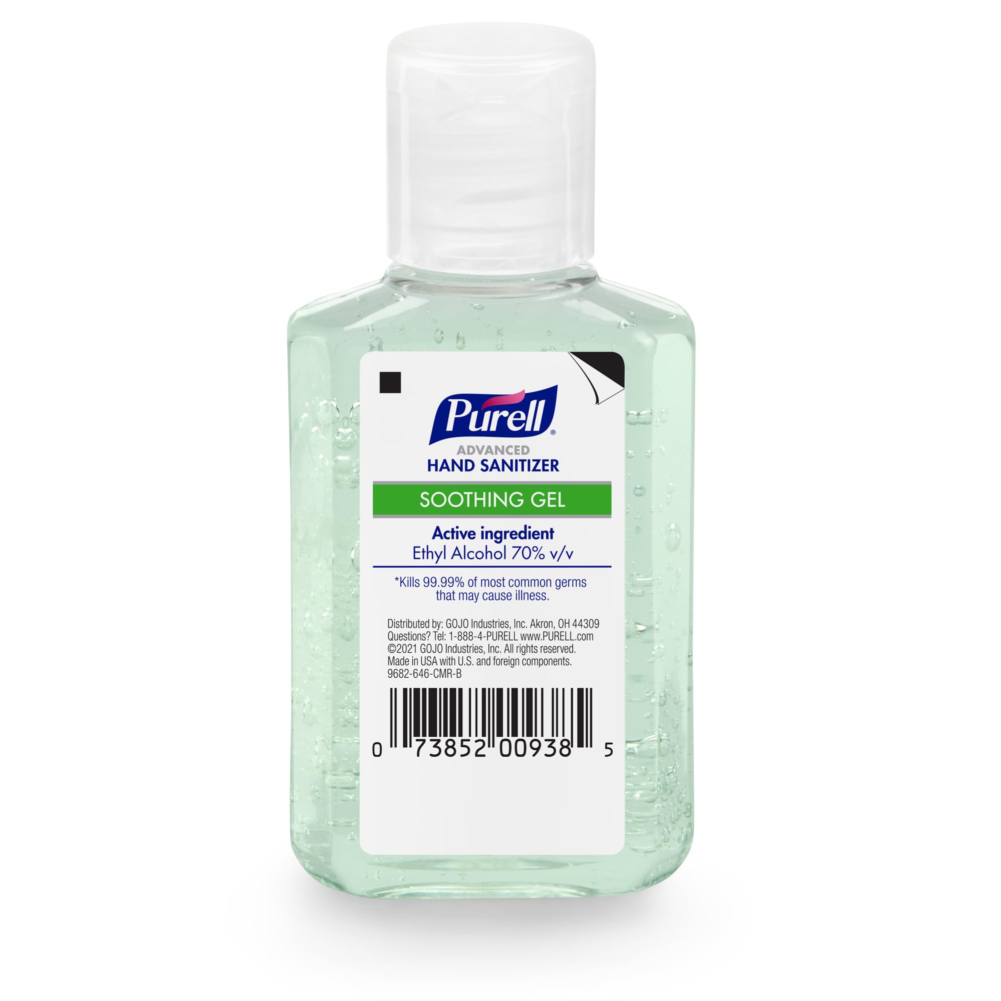 Close-up of Purell Soothing Gel bottle showing aloe and vitamin E benefits