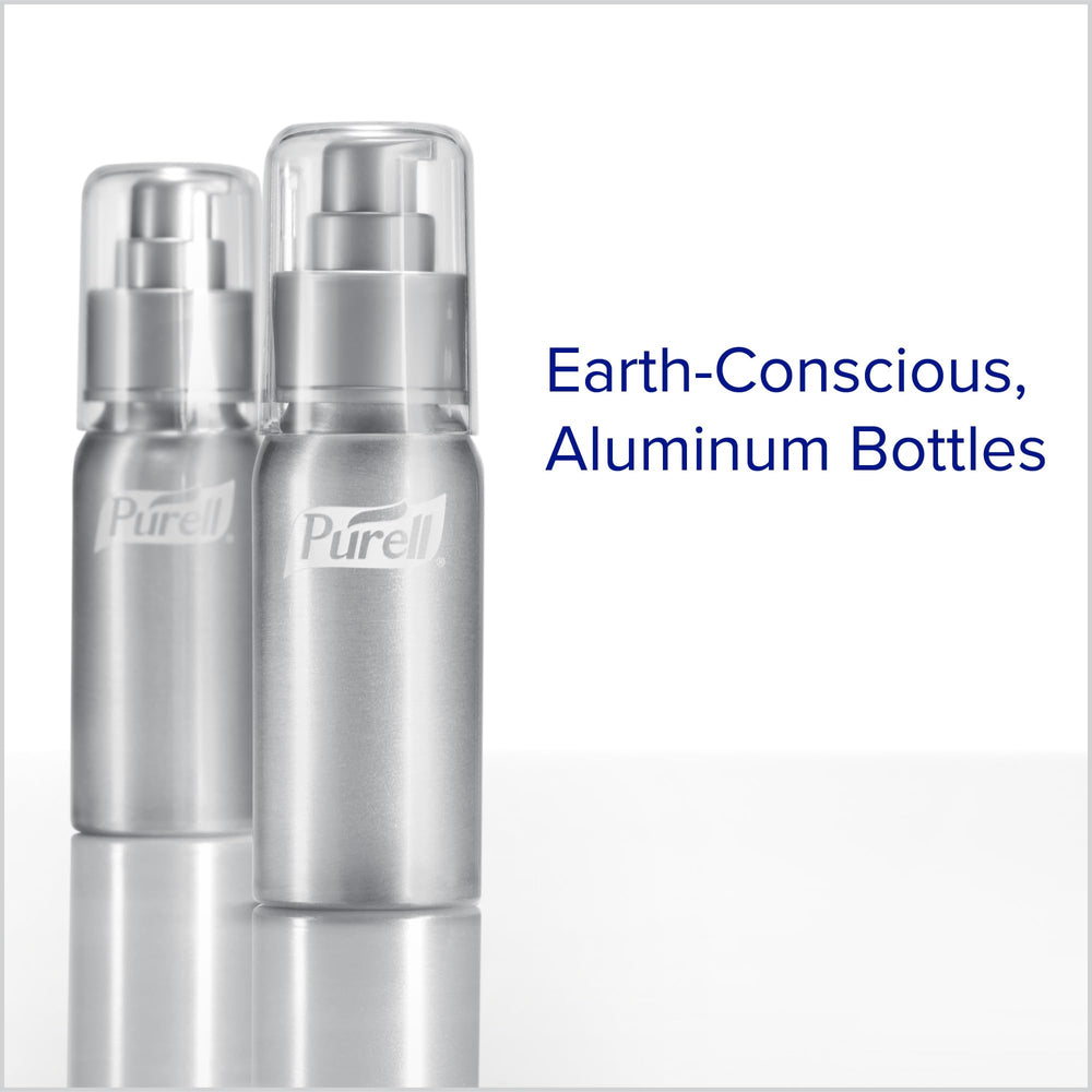 Durable Purell aluminum bottle with leak-free cap for travel.