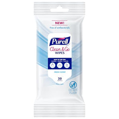 Purell Clean & Go Wipes face and hands; convenient, portable cleansing.