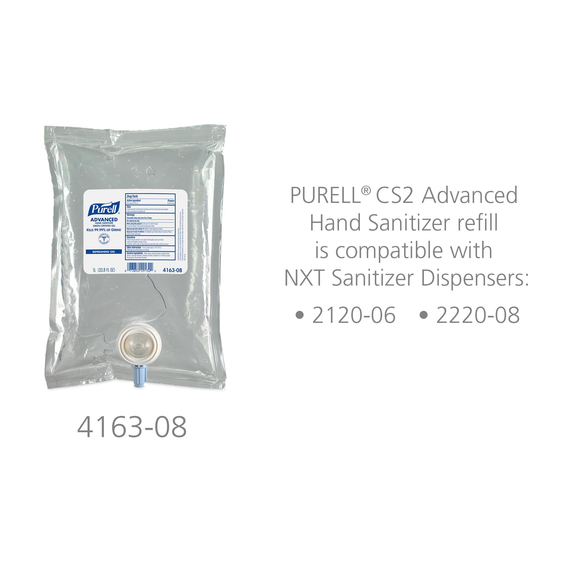 Purell CS2 compatibility close-up showing 1000 mL refill fitting standard dispenser.