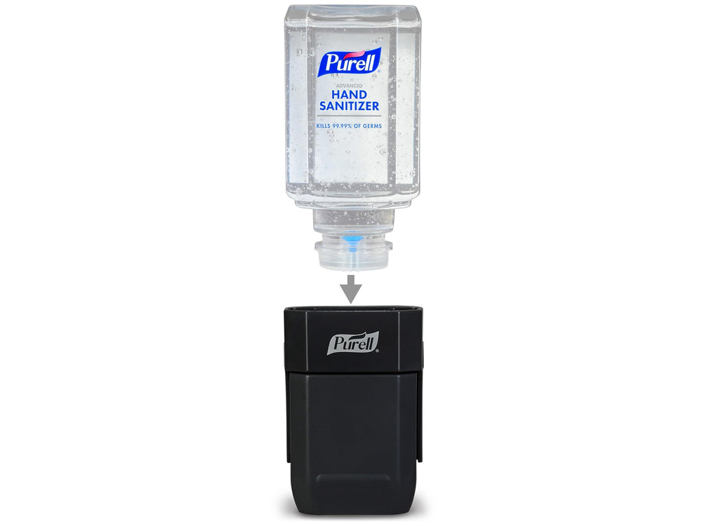 Purell ES1 wall-mount dispenser shown in a compact space.