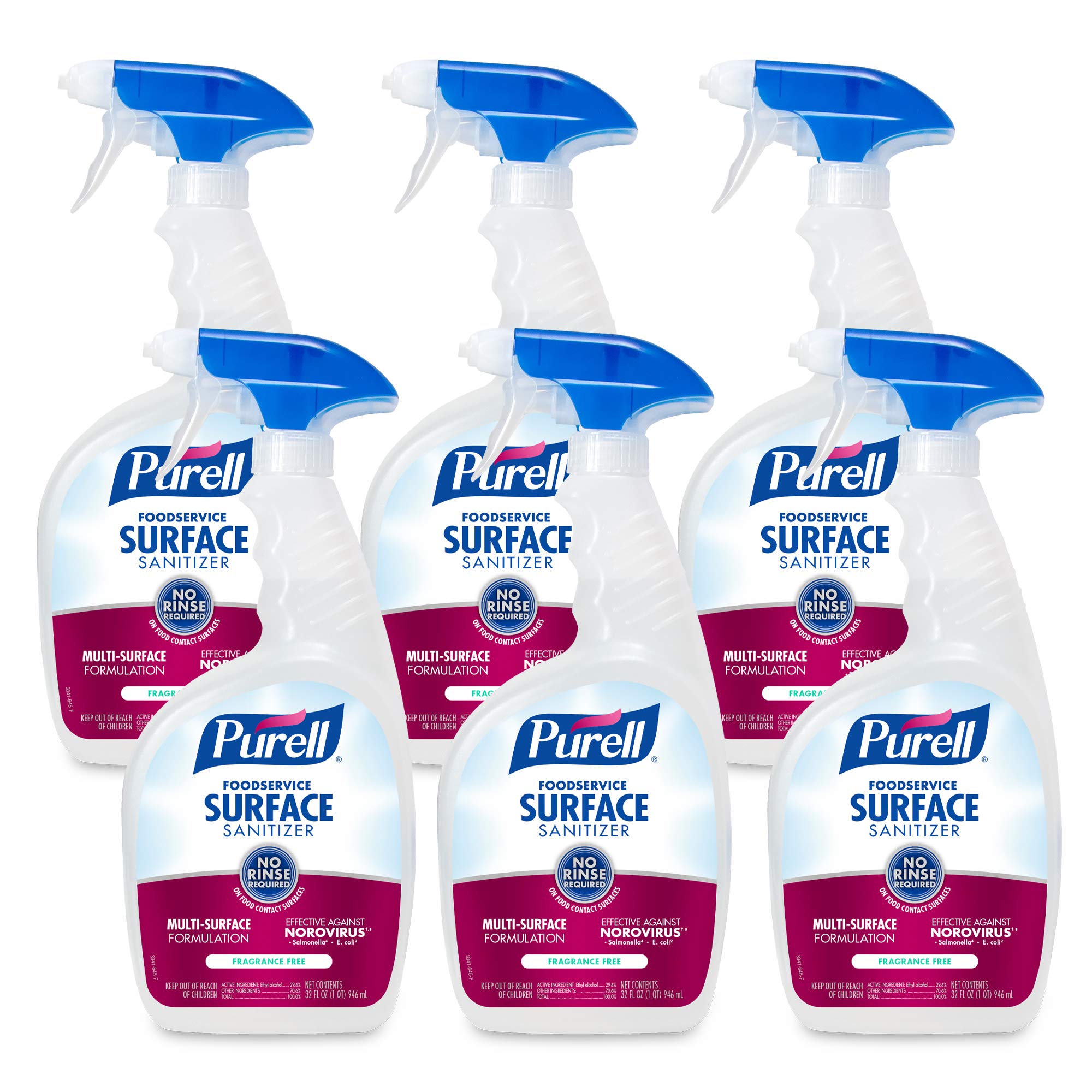 Purell Foodservice Surface Sanitizer Spray bottle front view, fragrance-free formula for quick surface disinfection.
