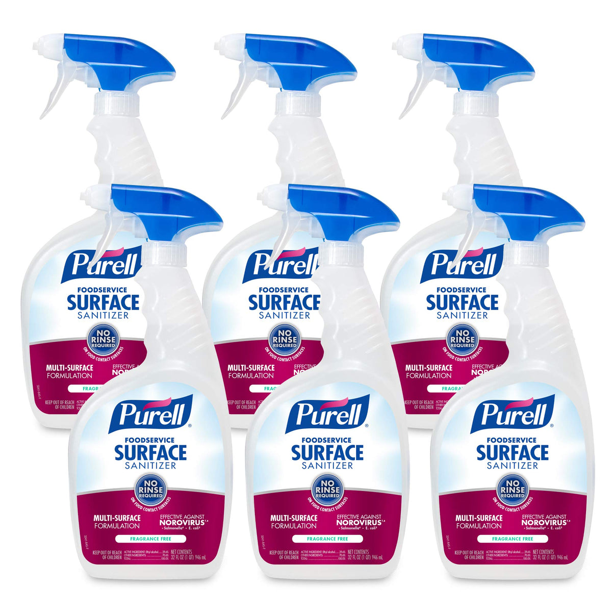 Purell Foodservice Surface Sanitizer Spray bottle front view, fragrance-free formula for quick surface disinfection.