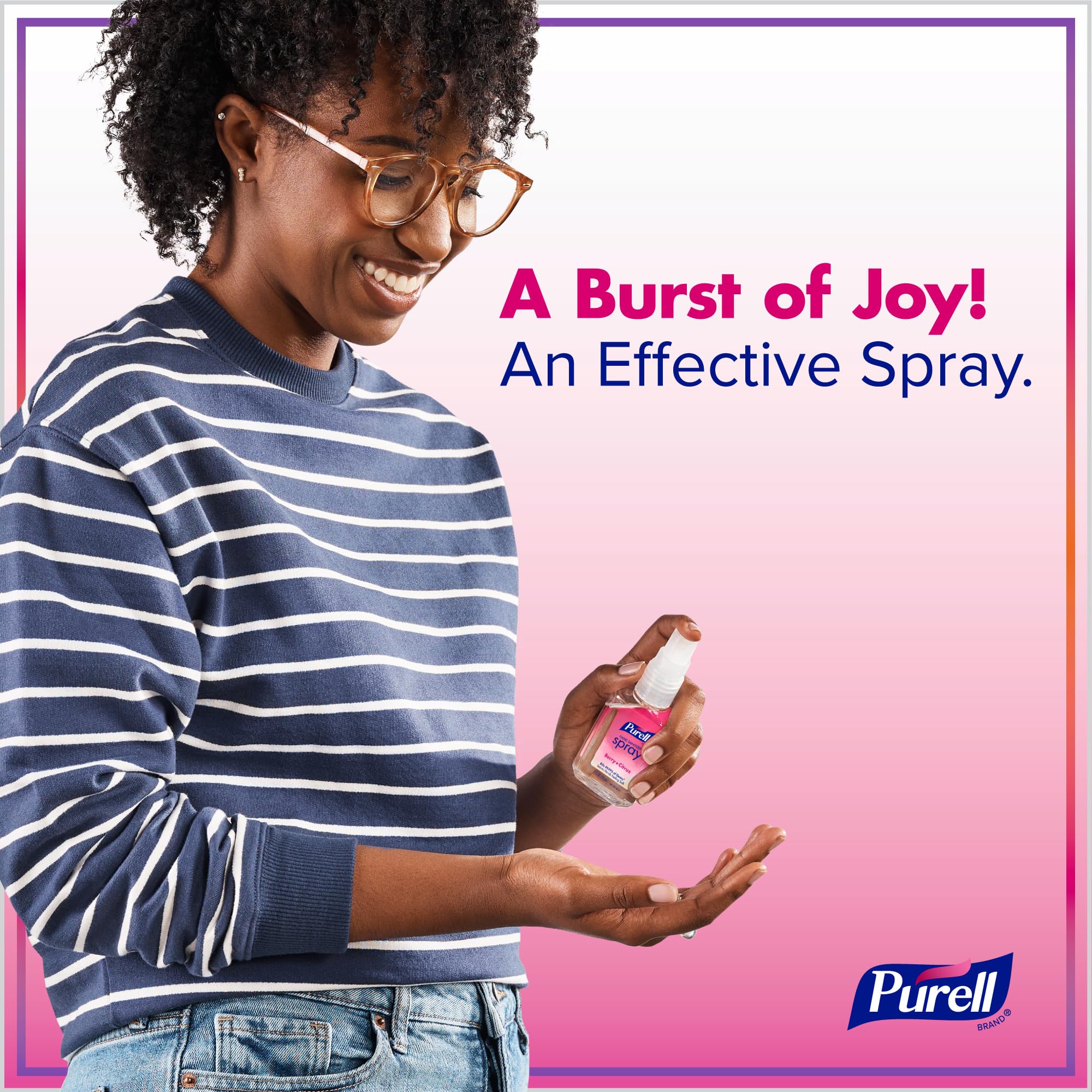 PURELL Hand Sanitizer Spray Tangerine-Pear bottle with citrus aroma for on-the-go cleanliness.