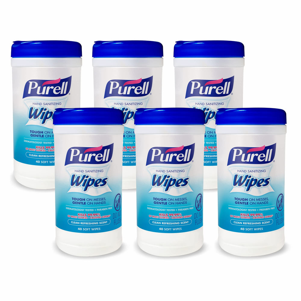 Purell hand wipes canister front view highlighting six-pack convenience