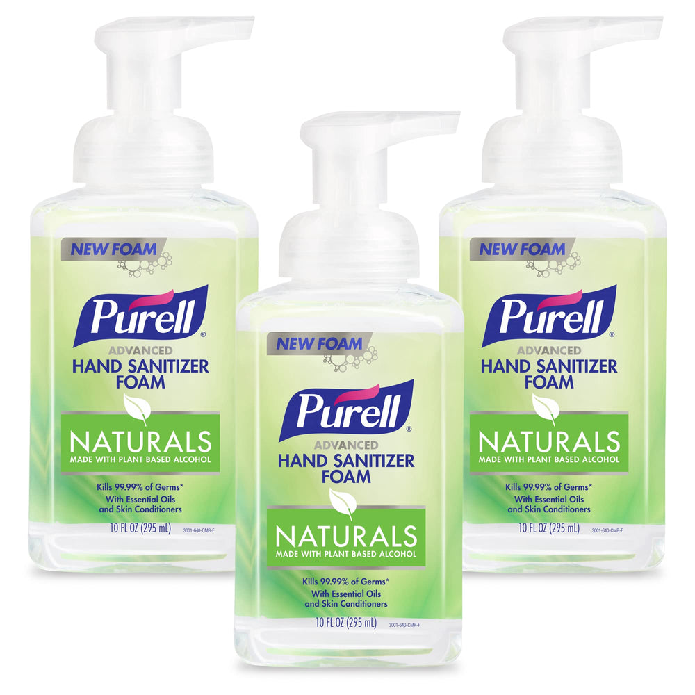 Purell Naturals Foam bottle front view for quick, convenient hand sanitizing.