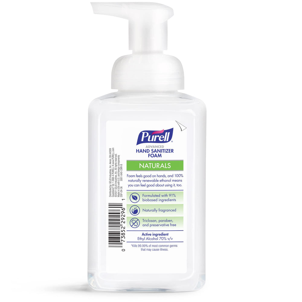 Purell Naturals Foam pump-dispense shows easy, mess-free sanitizer at home or office.