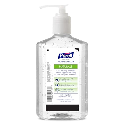 Close-up of Purell NATURALS label showing plant-based ethanol and skin conditioners.
