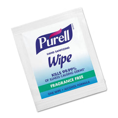 Purell premoistened wipes, individually wrapped packets for on-the-go sanitizing.