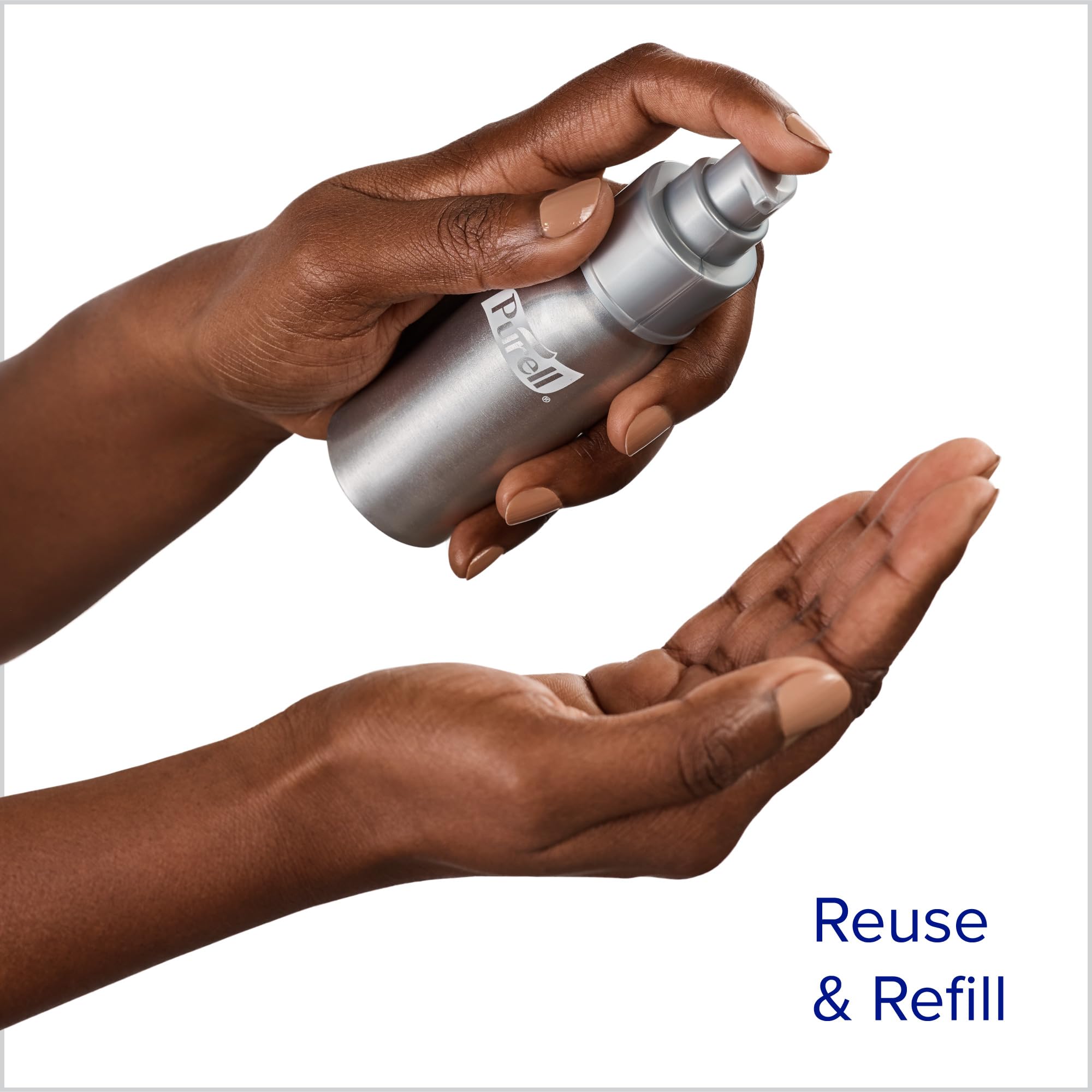 Refill process showing transferring sanitizer from the 24oz bottle to 2oz bottles.