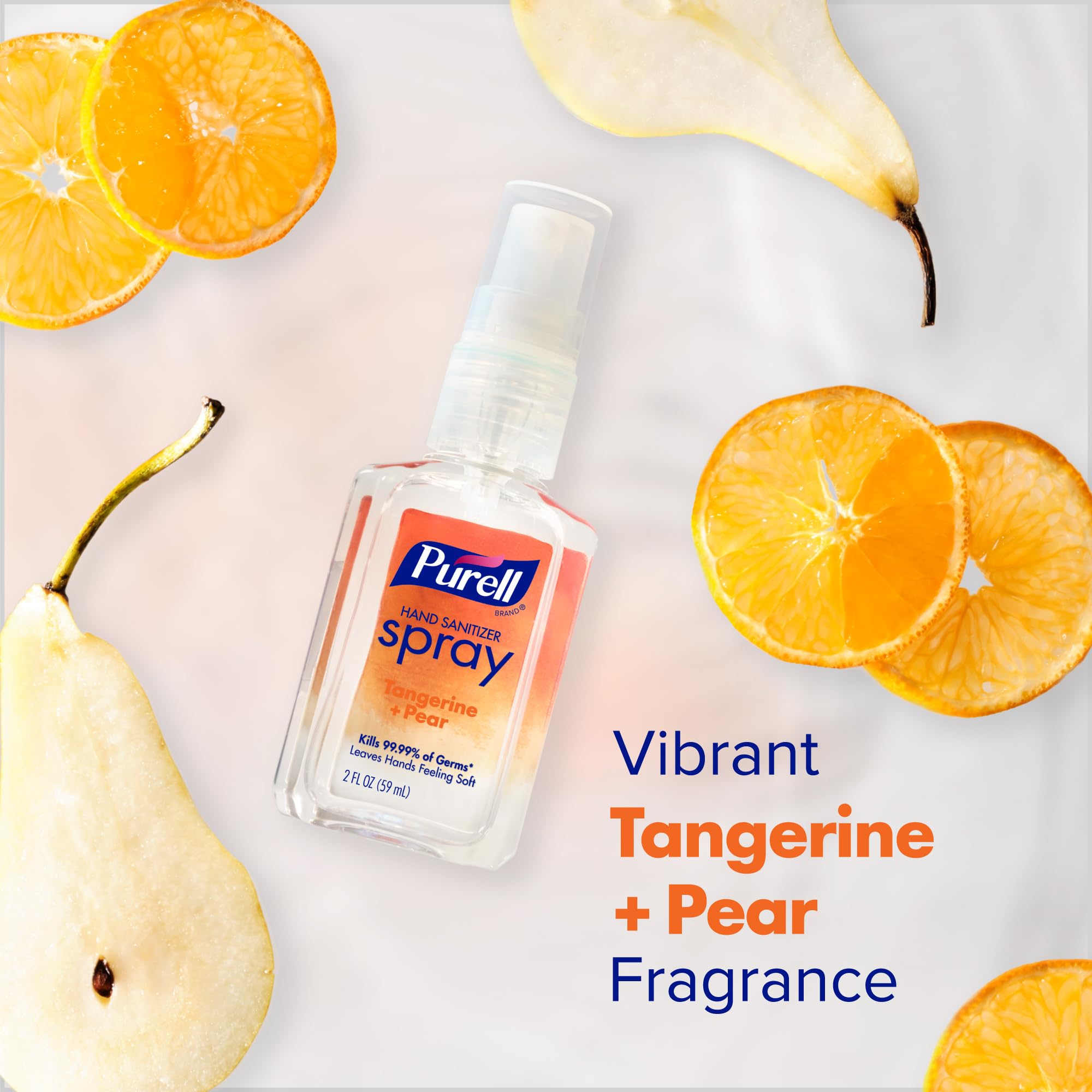 Purell Tangerine Pear essential oil aroma enhances cleansing experience.