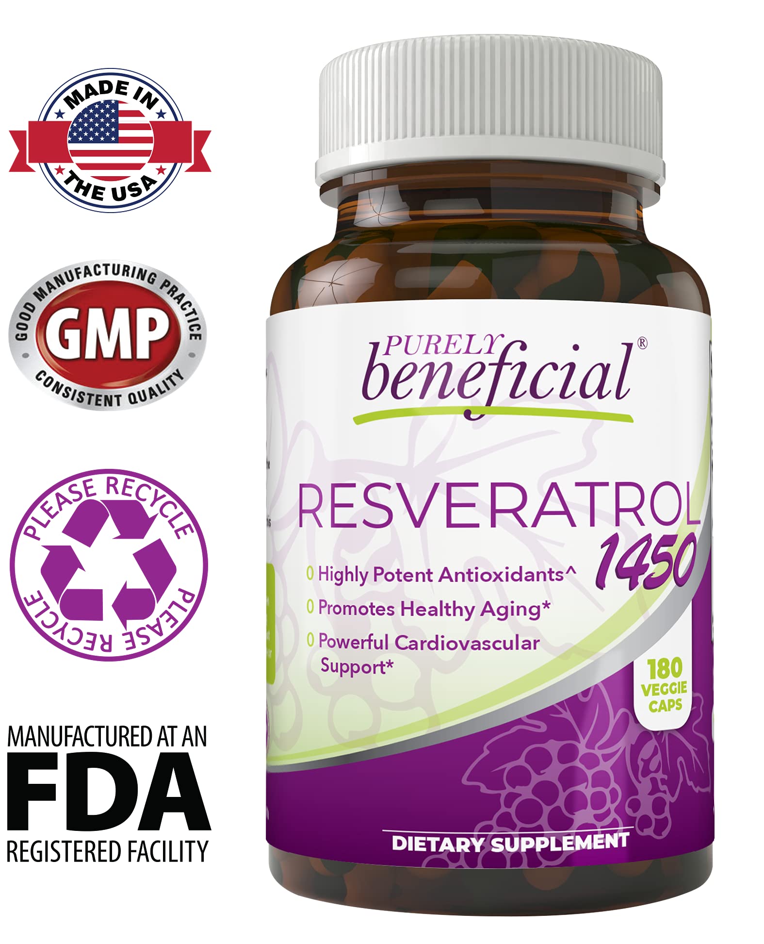 Purely beneficial Resveratrol1450 bottle on countertop suggests simple daily routine.