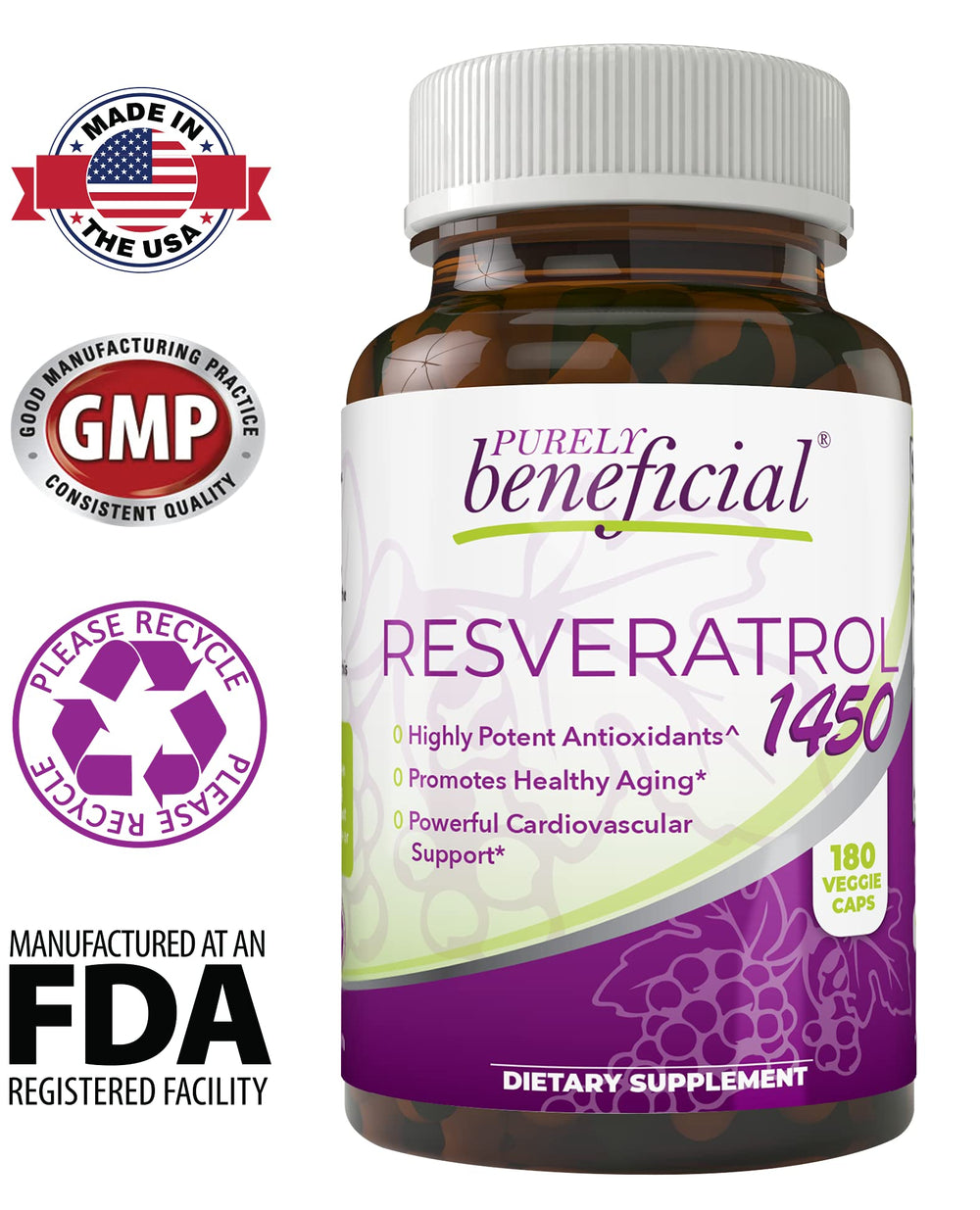 Purely beneficial Resveratrol1450 bottle on countertop suggests simple daily routine.