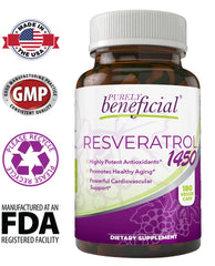 Purely beneficial Resveratrol1450 bottle on countertop suggests simple daily routine.