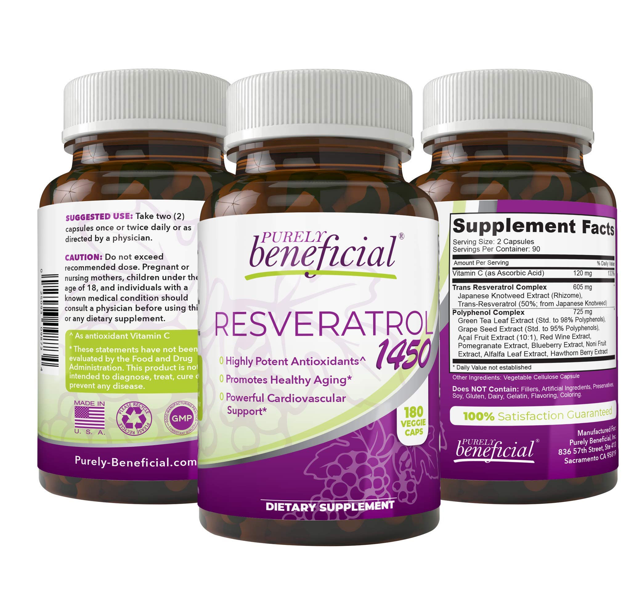Purely beneficial Resveratrol1450 bottle and packaging highlighting premium antioxidants for daily wellness.