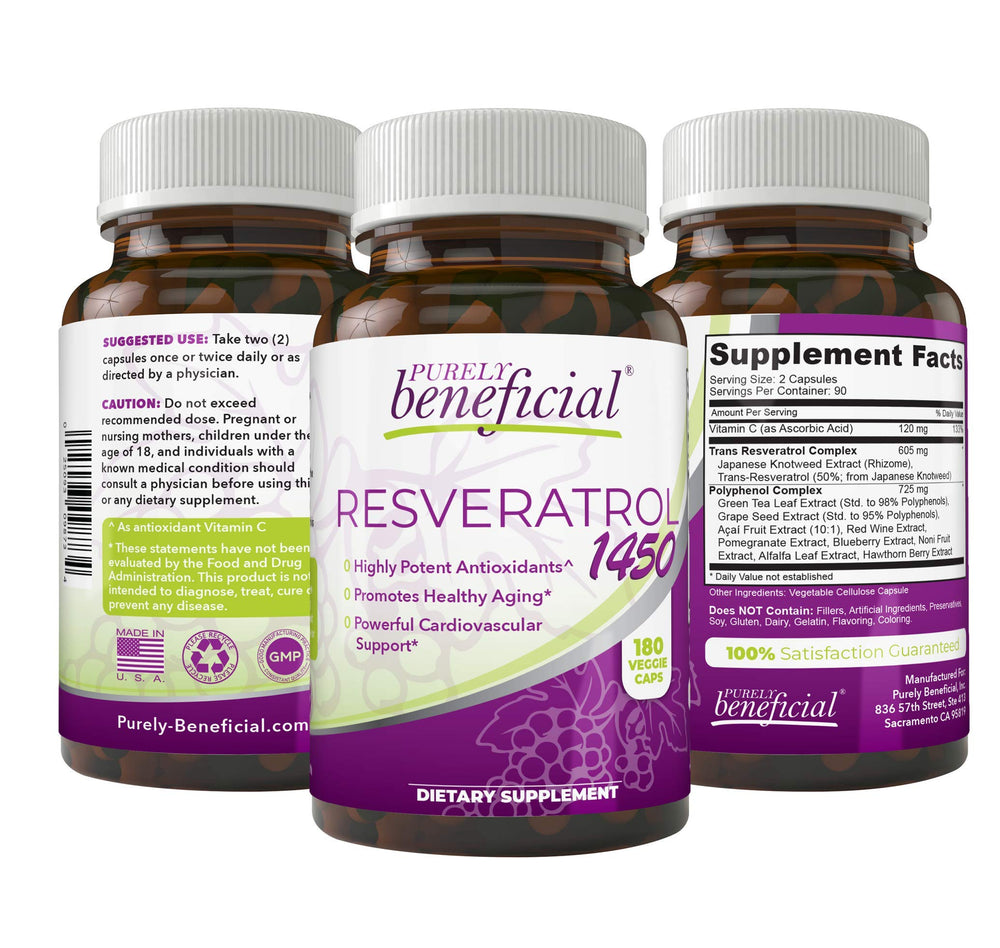 Purely beneficial Resveratrol1450 bottle and packaging highlighting premium antioxidants for daily wellness.