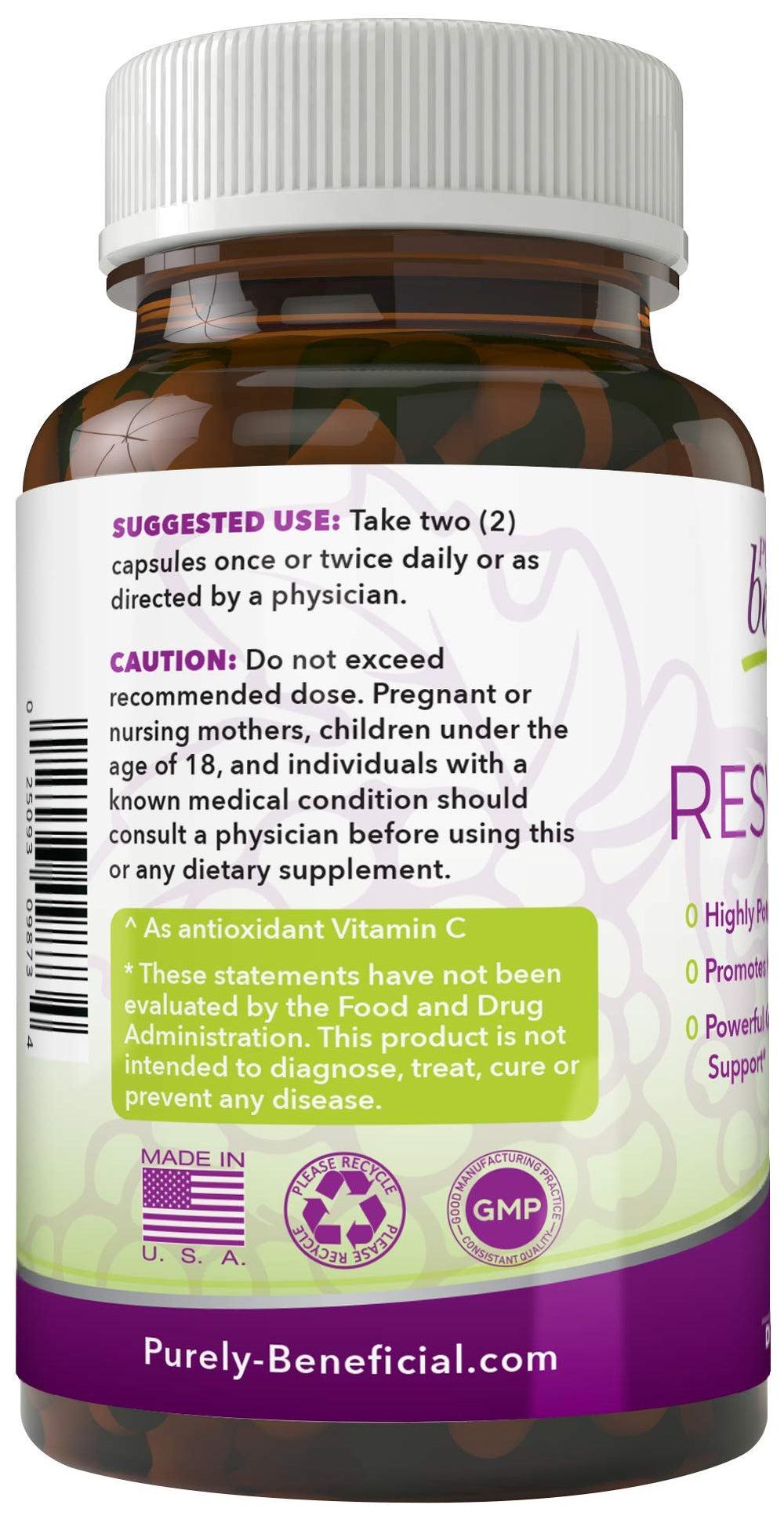 Purely beneficial Resveratrol1450 ingredient blend shows natural extracts like green tea and grape seed.