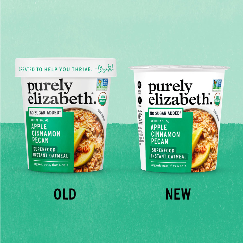 Purely Elizabeth superfood oats blend image, highlights wholesome ingredient mix.