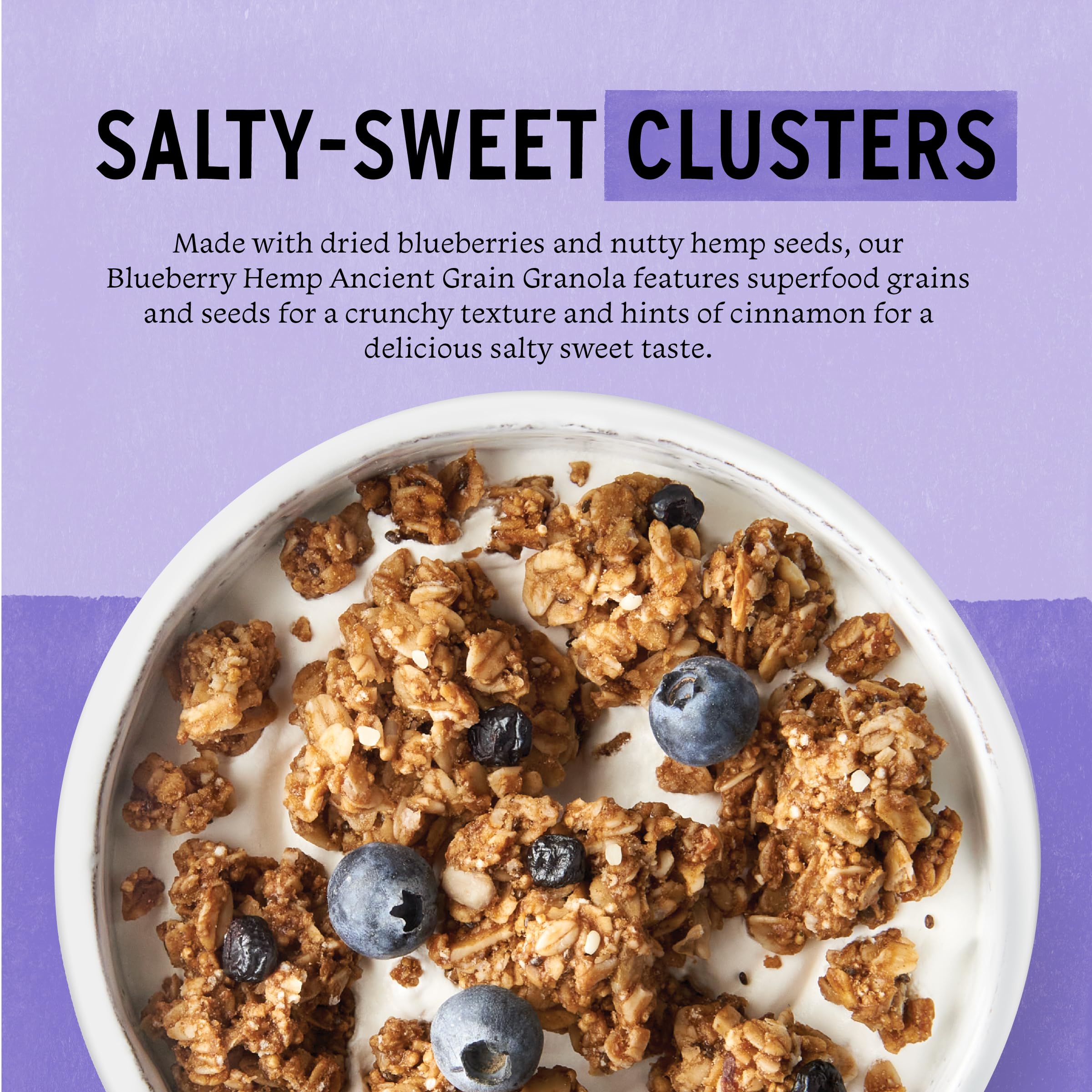 Close-up of crunchy clusters in Purely Elizabeth granola with blueberries
