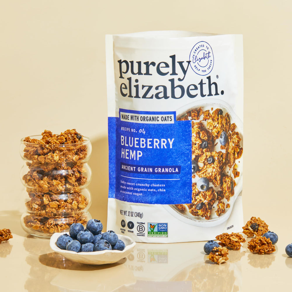 Pouring Purely Elizabeth granola into a bowl for a convenient snack