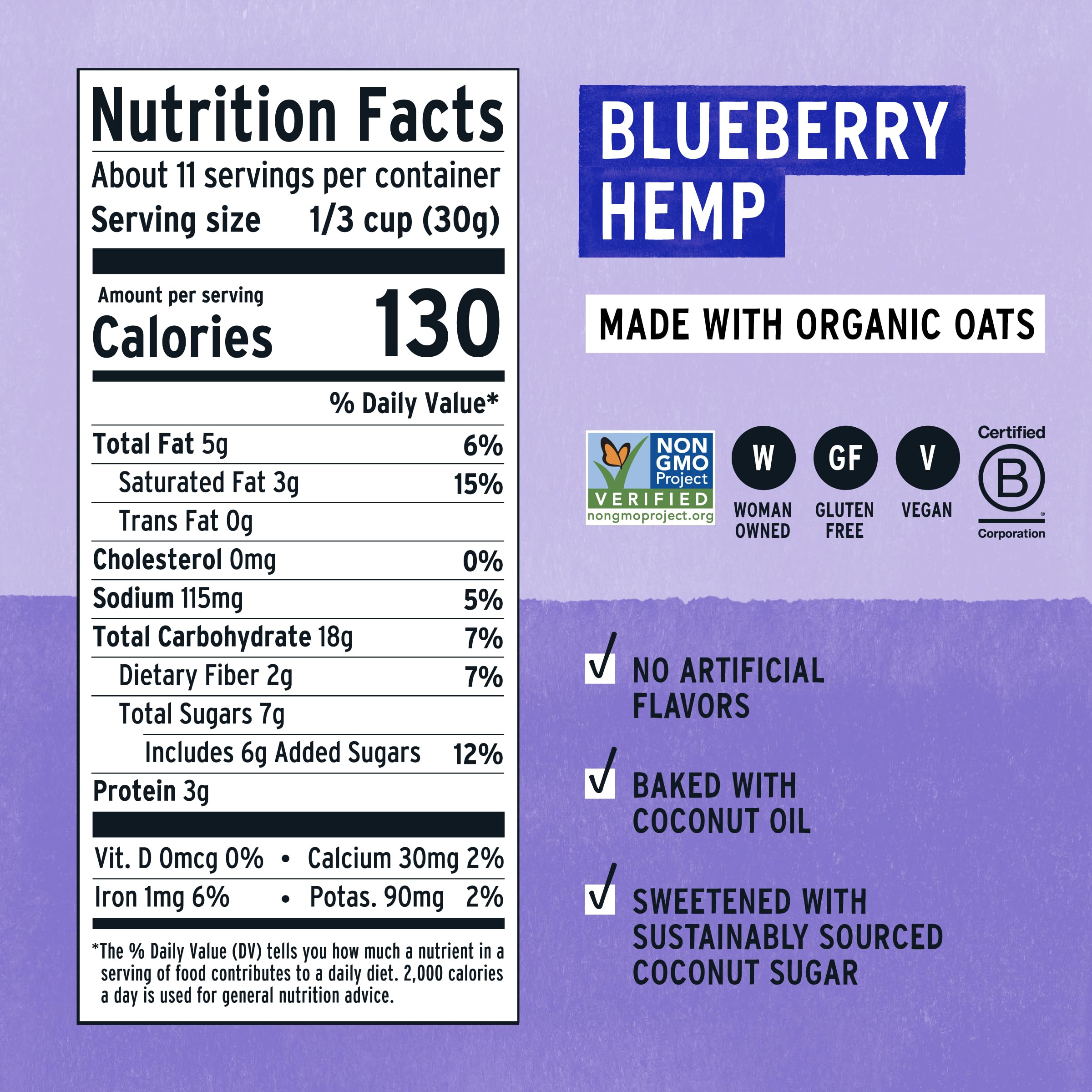 Purely Elizabeth Blueberry Hemp Ancient Grain Granola bag back panel with nutrition and ingredients
