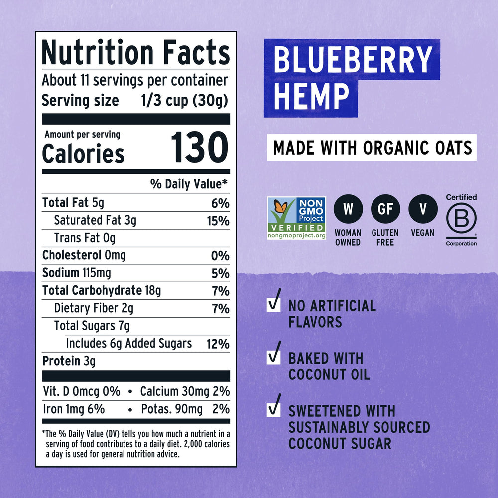 Purely Elizabeth Blueberry Hemp Ancient Grain Granola bag back panel with nutrition and ingredients