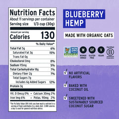 Purely Elizabeth Blueberry Hemp Ancient Grain Granola bag back panel with nutrition and ingredients