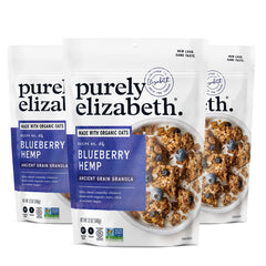 Purely Elizabeth Blueberry Hemp Ancient Grain Granola bag front with gluten-free vegan labeling