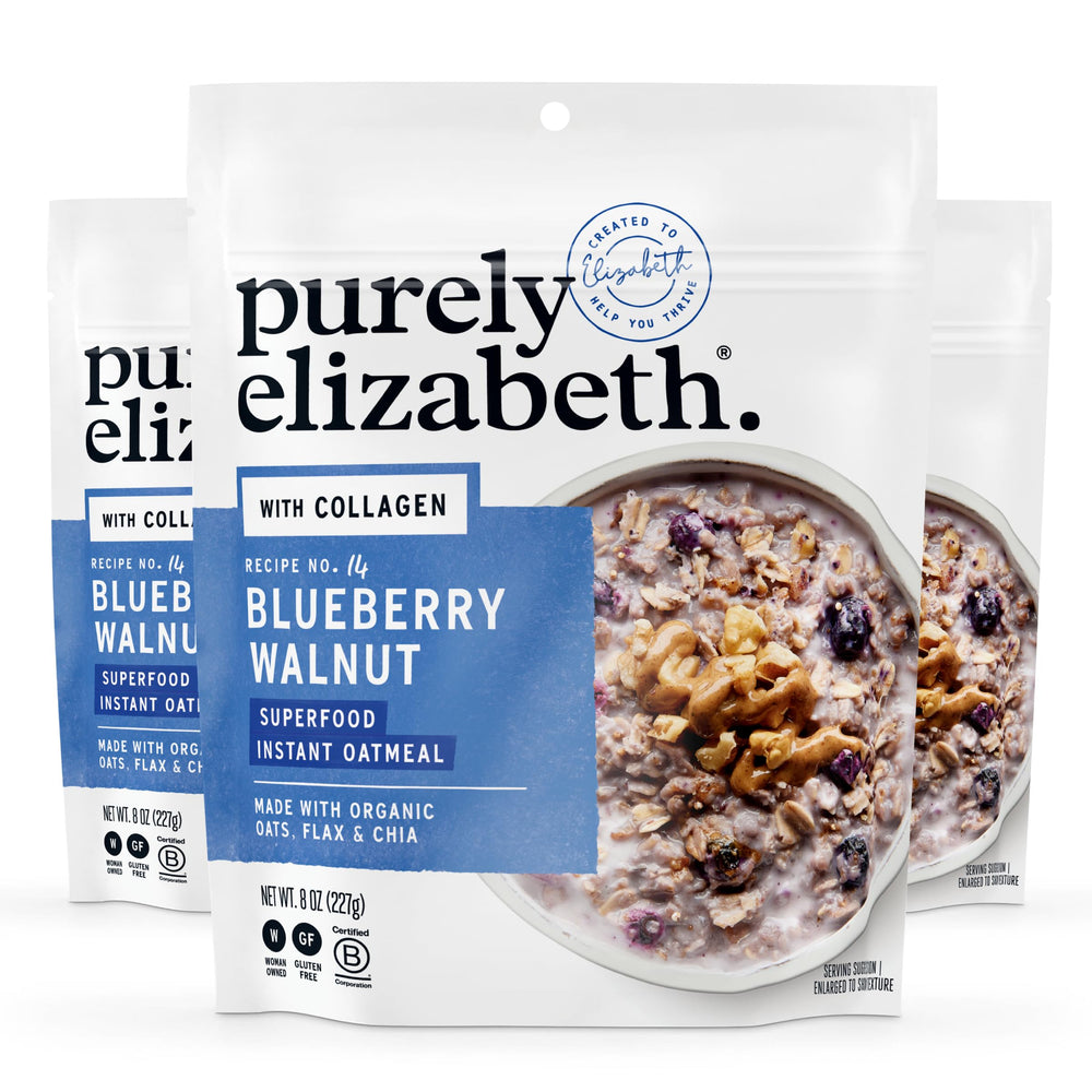Purely Elizabeth blueberry walnut collagen oatmeal pack close-up for quick, protein-packed breakfasts.