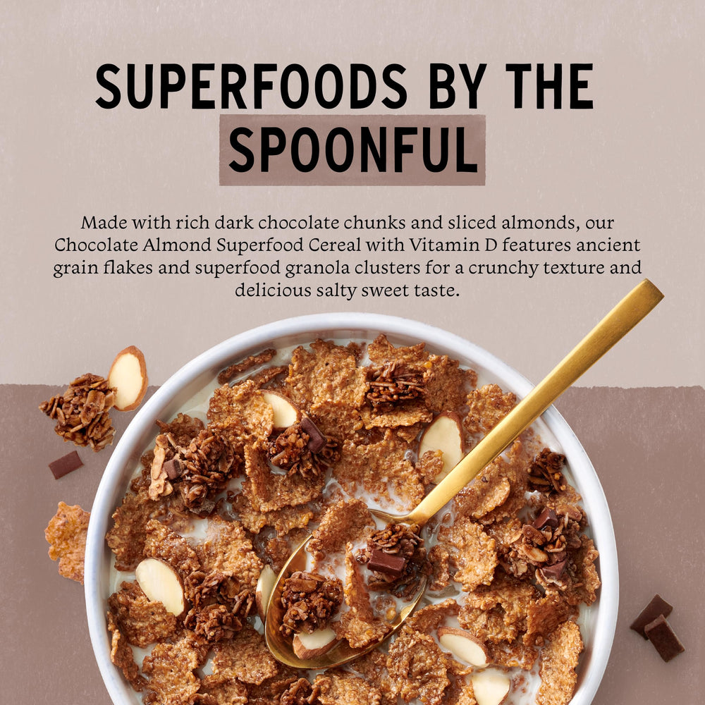 Purely Elizabeth cereal superfood chocolate almond closeup highlights texture and seeds