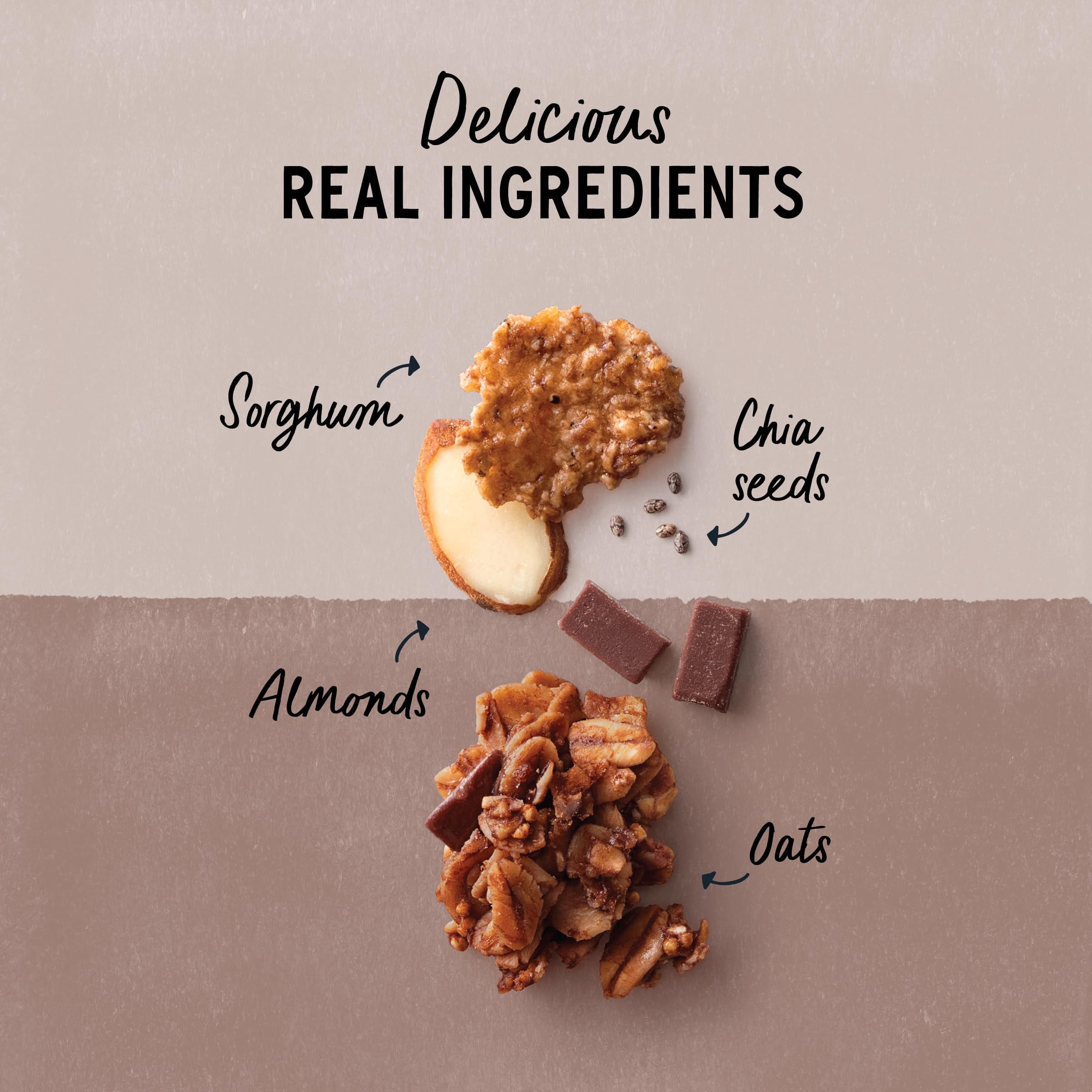 Purely Elizabeth cereal superfood chocolate almond ingredients closeup showcases grains