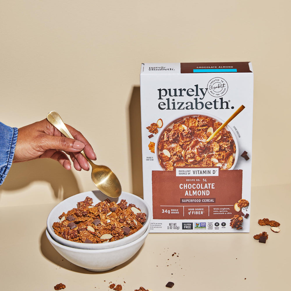 Purely Elizabeth cereal superfood chocolate almond morning bowl with coconut notes