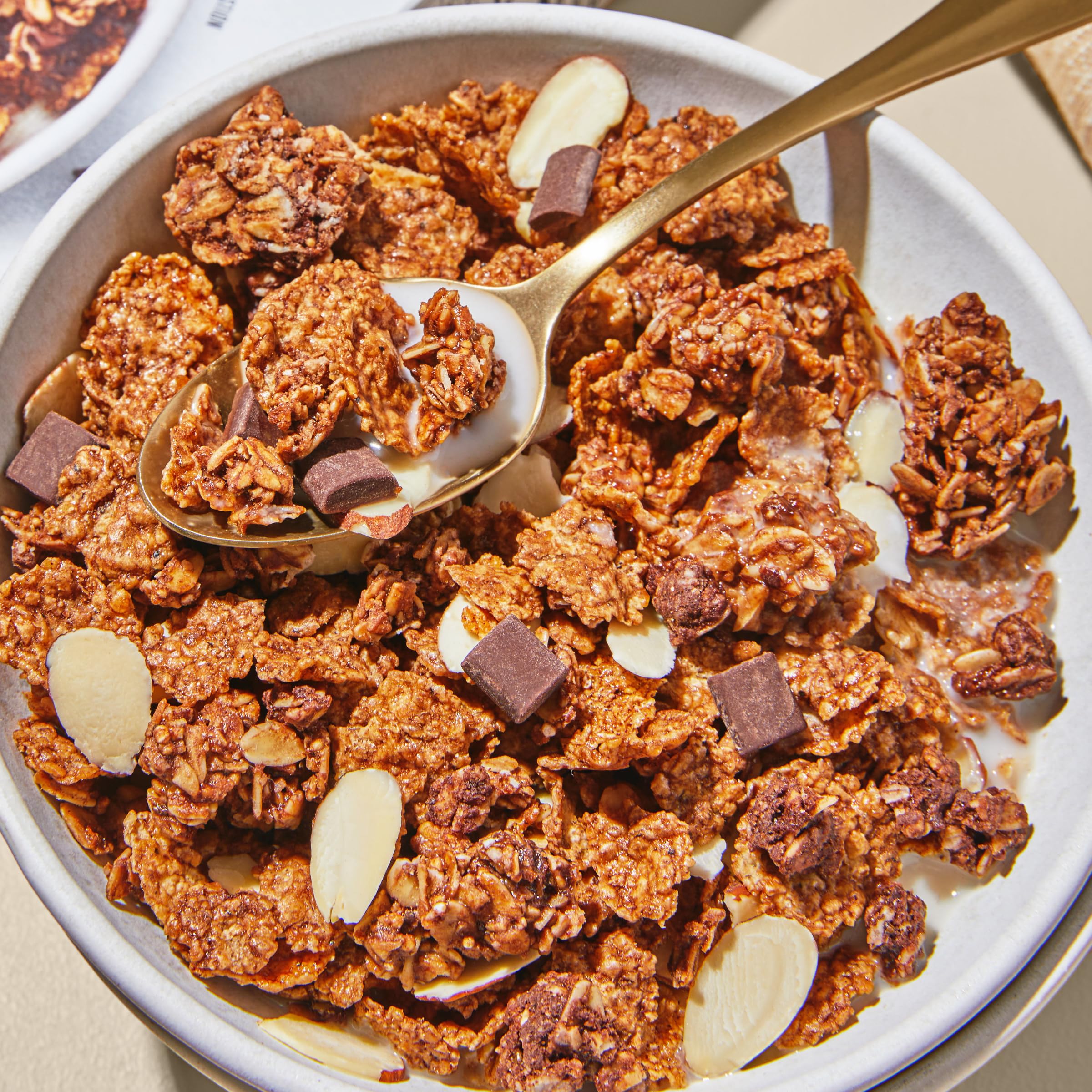 Purely Elizabeth cereal superfood chocolate almond serving plate signals a vegan gluten free option
