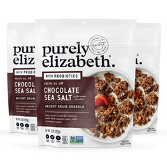 Purely Elizabeth Chocolate Sea Salt granola bag front, gluten-free snack option.
