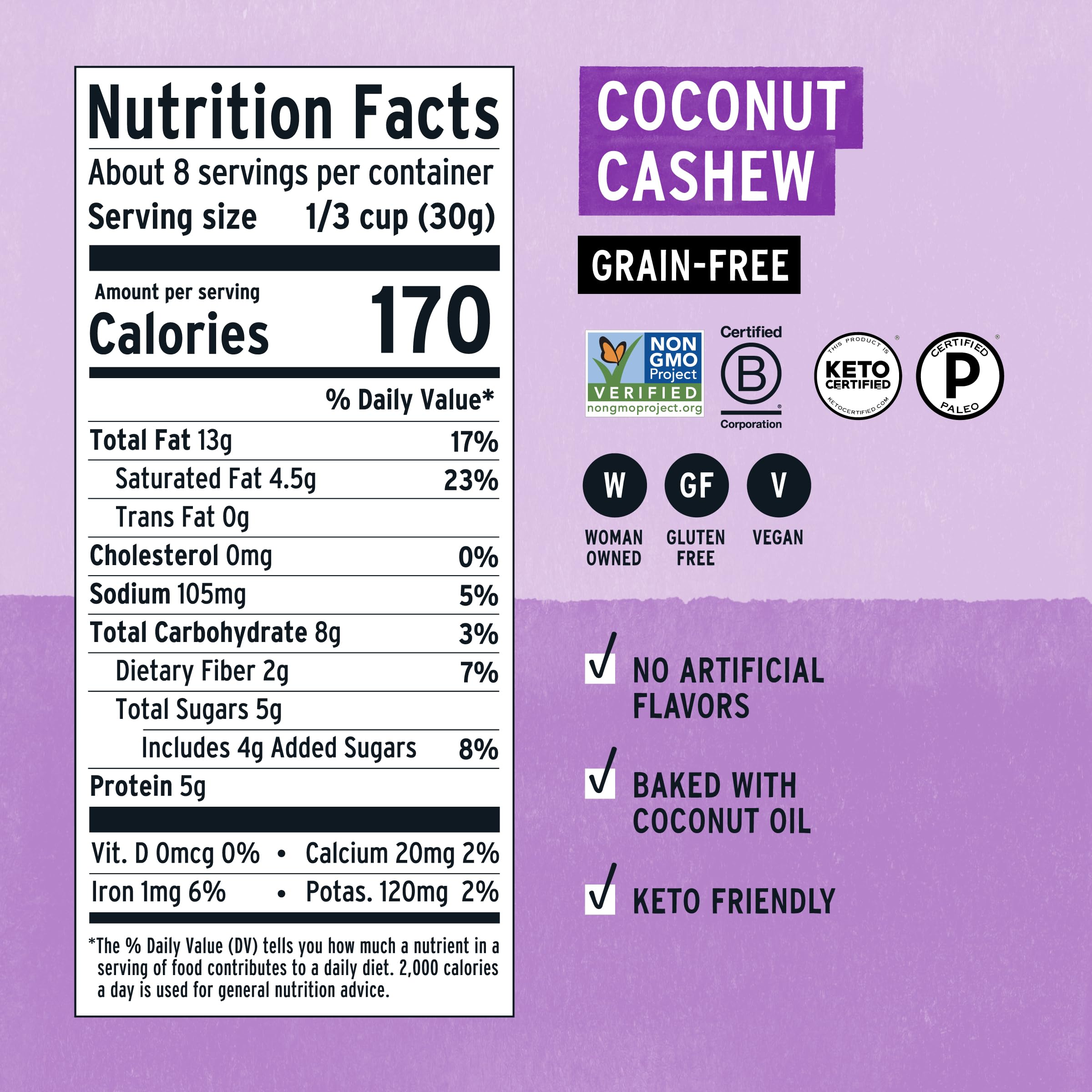 Purely Elizabeth Coconut Cashew granola 8oz pack for on-the-go snacking.