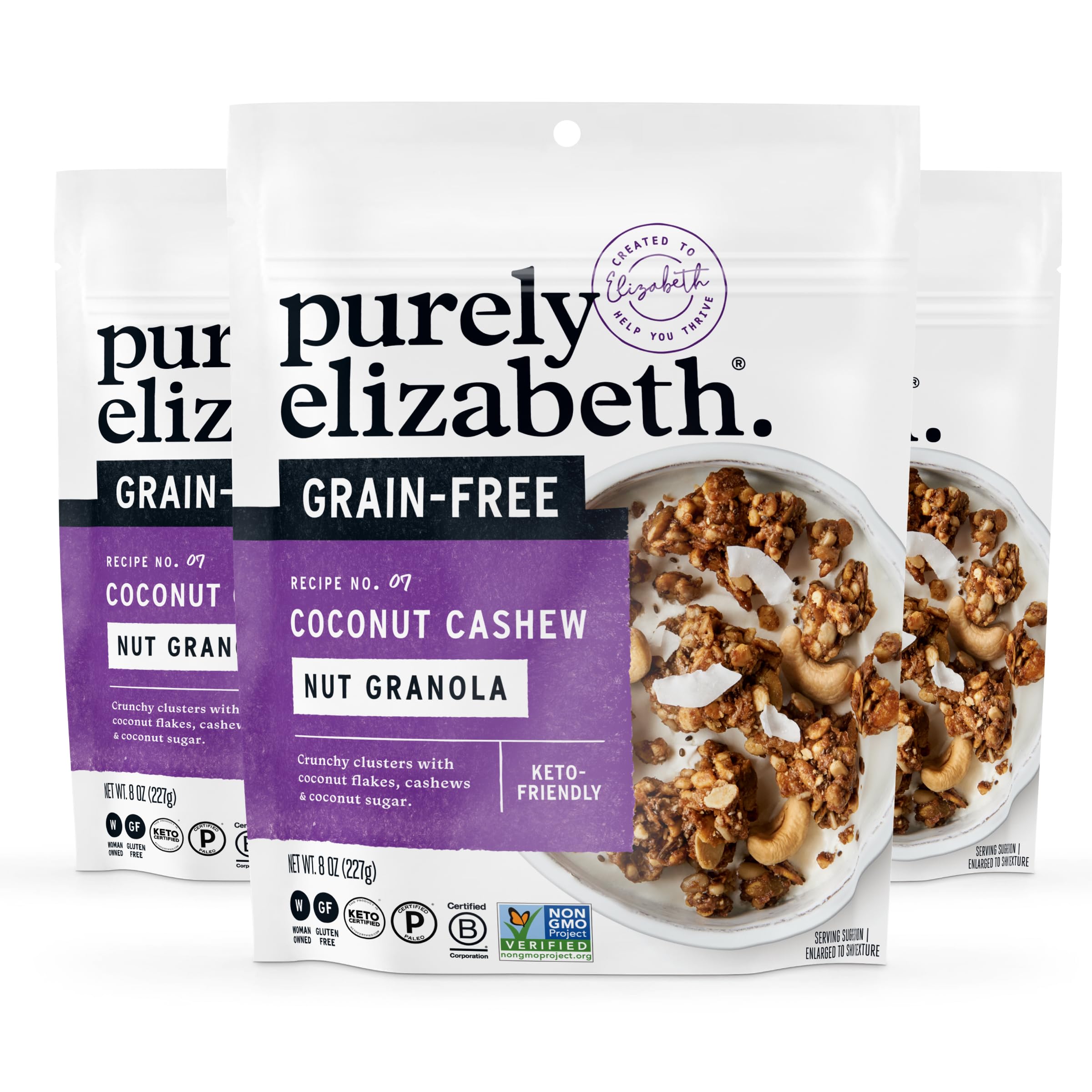 Purely Elizabeth Coconut Cashew Keto Granola 3-pack bag with grain-free clusters.